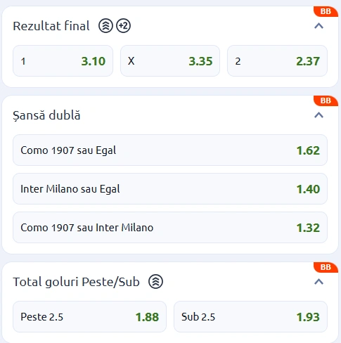 Cote pariuri Como vs Inter Milan la Betano