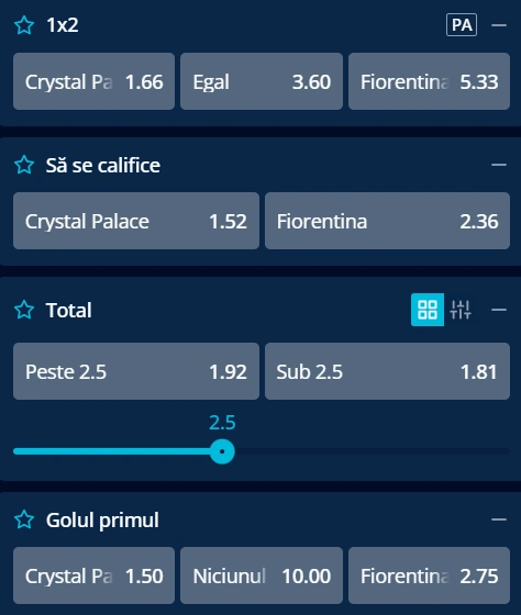 Cote pariuri Crystal Palace vs Fiorentina la Mr Bit