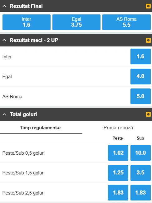 Cote pariuri Inter Milan vs AS Roma la Betfair