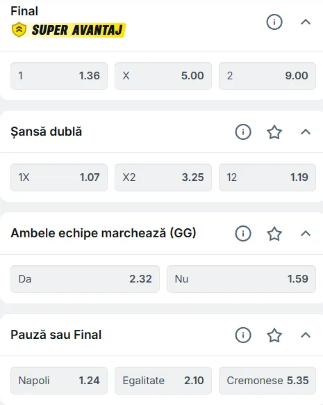 Cote pariuri Napoli vs Cremonese la Superbet