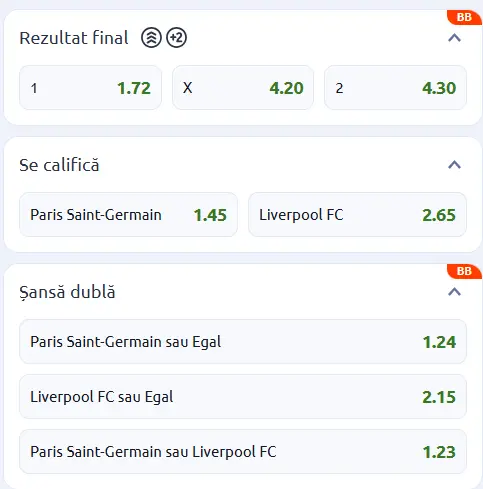Cote pariuri PSG vs Liverpool la Betano