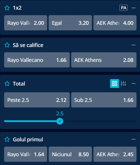 Cote pariuri Rayo Vallecano vs AEK Atena la Mr Bit