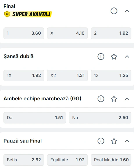 Cote pariuri Real Betis vs Real Madrid la Superbet