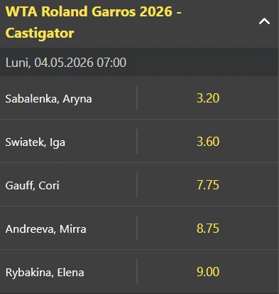 Cote pariuri antepost feminin French Open 2026 la Winbet