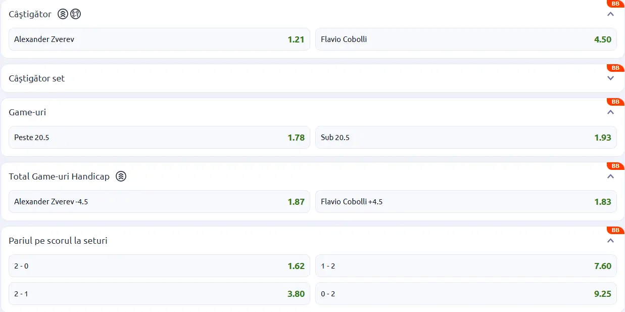 Cote pariuri la Betano  Alexander Zverev vs Flavio Cobolli, neamțul e favorit la o nouă finală pe zgura de la München