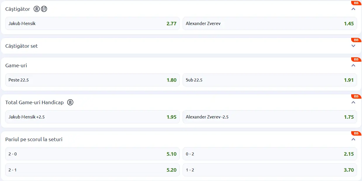 Cote pariuri la Betano  Jakub Mensik vs Alexander Zverev, duel ”de foc” în optimile Masters-ului de la Madrid 2026 Open