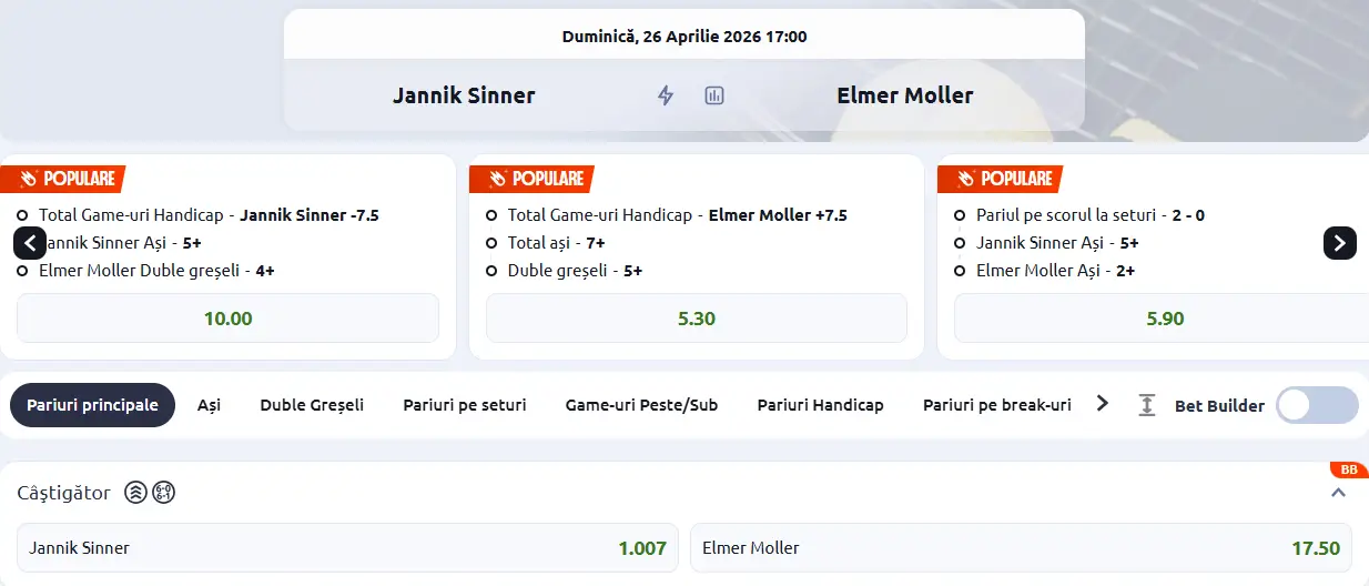Cote pariuri la Betano  Jannik Sinner vs Elmer Moller, meci fără istoric în turul trei de la Mutua Madrid Open