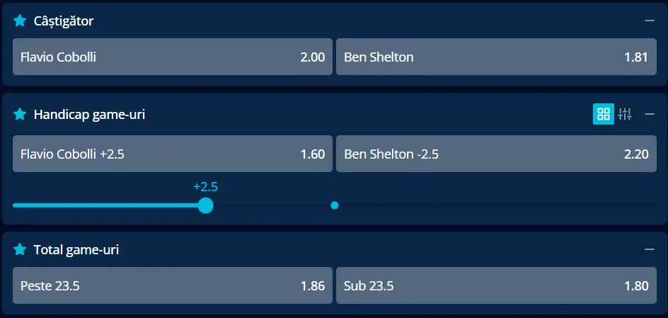 Cote pariuri la Mr Bit  Flavio Cobolli vs Ben Shelton - finală deschisă oricărui rezultat la BMW 2026 Open