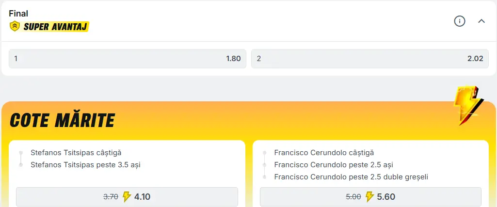 Cote pariuri la Superbet - meci deschis oricărui rezultat la Monte Carlo, Francisco Cerundolo vs Stefanos Tsitsipas