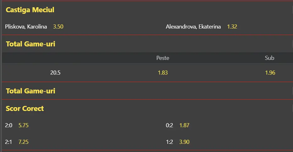 Cote pariuri la WinBet - rusoaica e favorită în ”optimi” la Linz Open, Karolina Pliskova vs Ekaterina Alexandrova