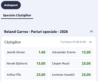 Cote pariuri pentru French Open 2026 la Betano