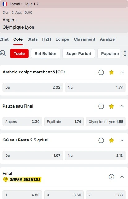 Cote pariuri Angers vs Lyon