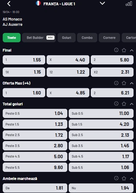 Cote pariuri AS Monaco vs Auxerre