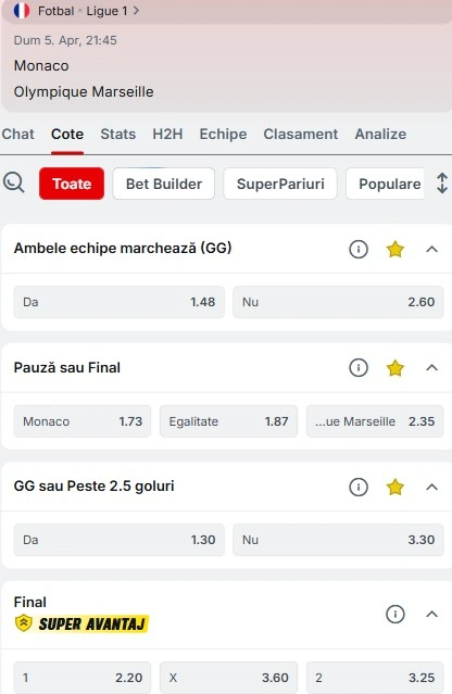 Cote pariuri AS Monaco vs Marseille