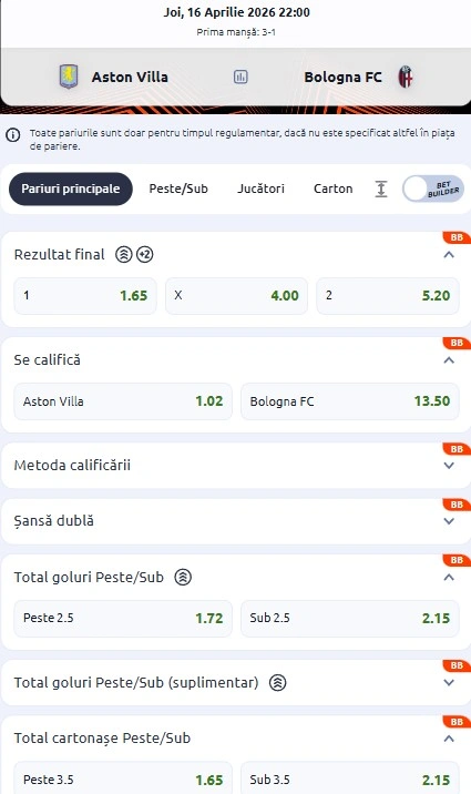 Cote pariuri Aston Villa vs Bologna
