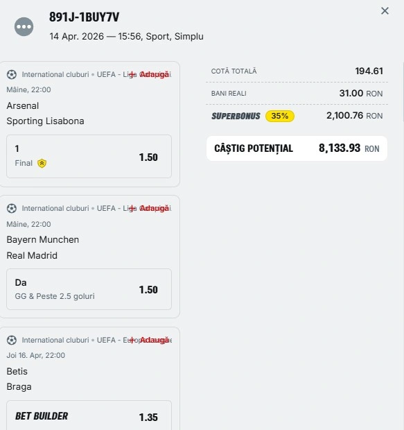 Bilet pariu șansă Superbet 15 aprilie 2026