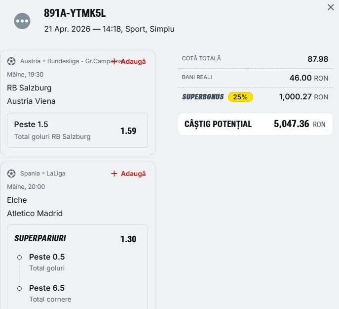 Bilet pariu șansă Superbet 22 aprilie 2026