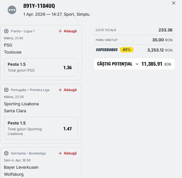 Bilet pariu șansă Superbet 3 aprilie 2026