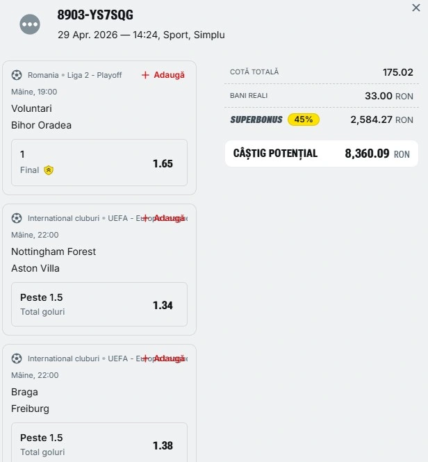 Bilet pariu șansă Superbet 30 aprilie 2026