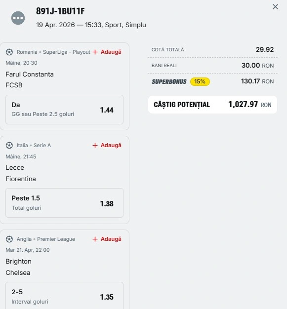 Bilet săptămânal din fotbal 20.04.2026