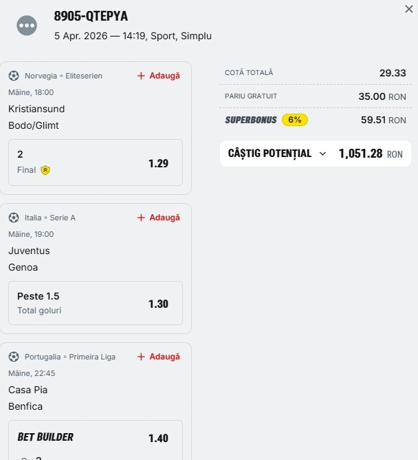 Bilet săptămânal din fotbal 6 aprilie 2026