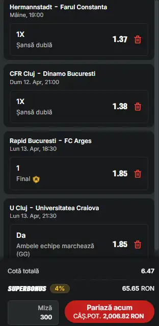 Biletul Etapei Superliga de cotă 6