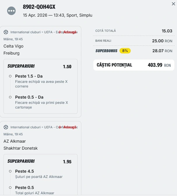 Biletul zilei azi din cupele europene 16.04.2026