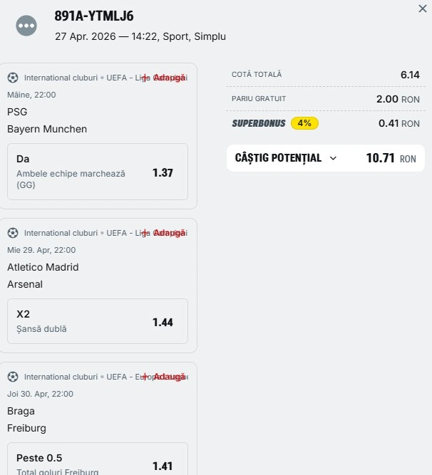 Biletul zilei din competițiile europene 28 aprilie 2026