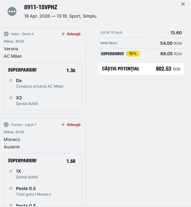 Biletul zilei din fotbal 19.04.2026