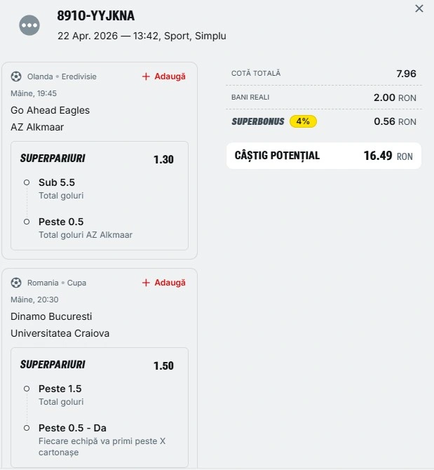 Biletul zilei din fotbal la Superbet 23 aprilie 2026