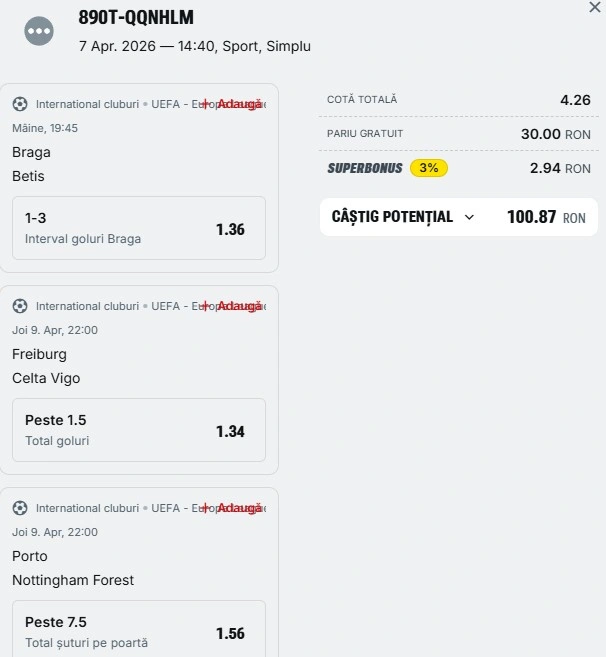 Biletul zilei din sferturile Europa League 08.04.2026