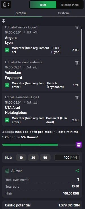 Biletul zilei pe marcatori 05.04.2026