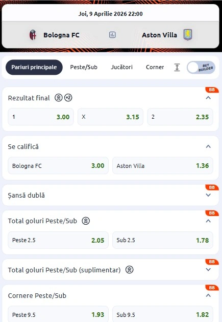 Cote pariuri Bologna vs Aston Villa