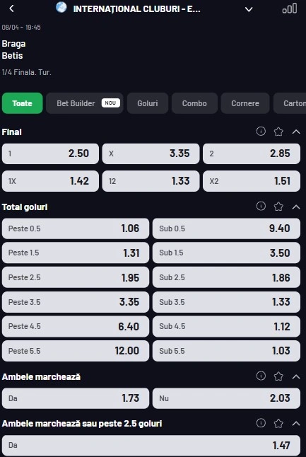 Cote pariuri Braga - Betis