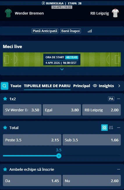 Cote pariuri Bremen - RB Leipzig