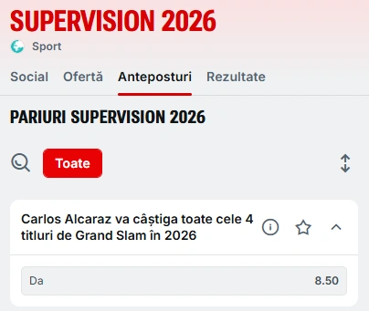 cota 8.50 la superbet pentru selecția carlos alcaraz câștigă toate cele 4 titluri de grand slam în 2026