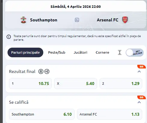 Cote la pariuri Southampton - Arsenal oferite de Betano