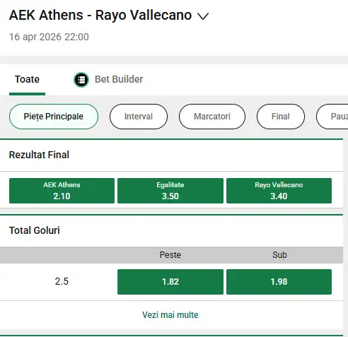 Cote pariuri AEK Atena - Rayo la Unibet
