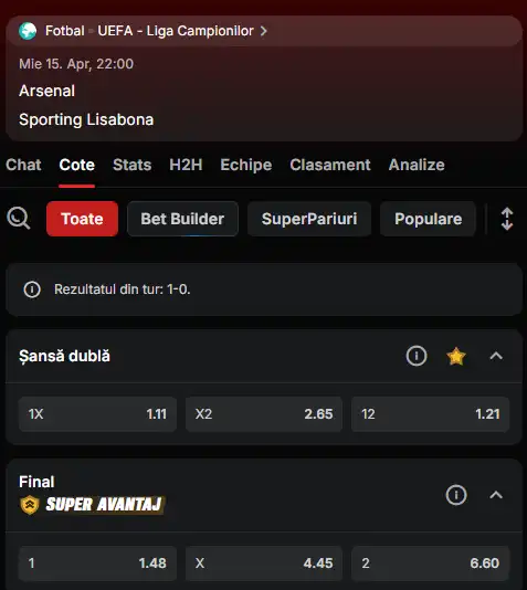 Cote pariuri Arsenal - Sporting la Superbet