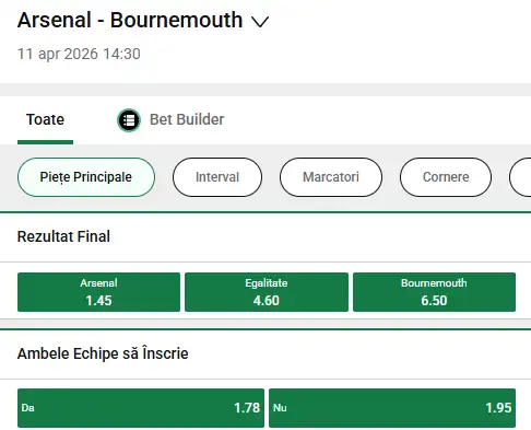 Cote pariuri Arsenal vs Bournemouth la Unibet