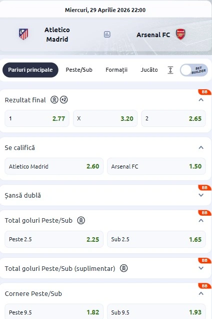Cote pariuri Atletico Madrid - Arsenal oferite de Betano