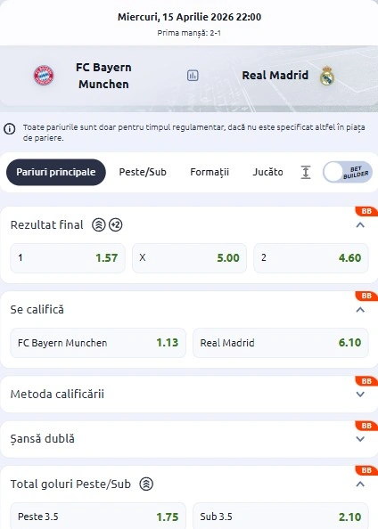 Cote pariuri Bayern - Real Madrid oferite de Betano