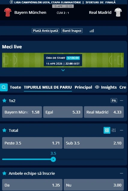 Cote pariuri Bayern - Real Madrid la Mr Bit