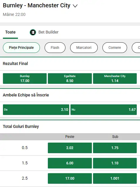 Cote pariuri Burnley vs Manchester City la Unibet