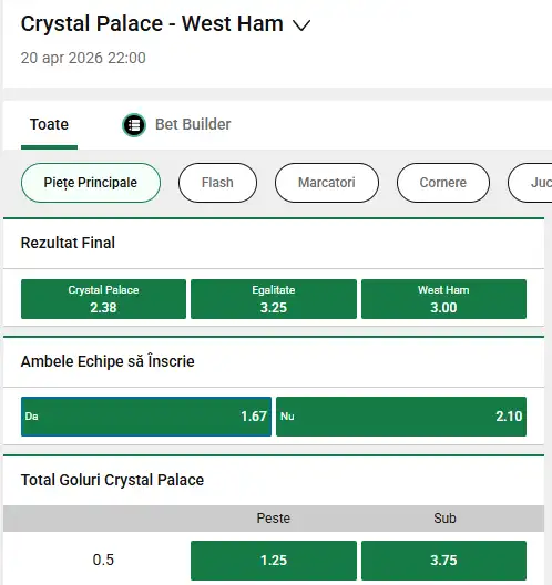 Cote pariuri Crystal Palace vs West Ham la Unibet