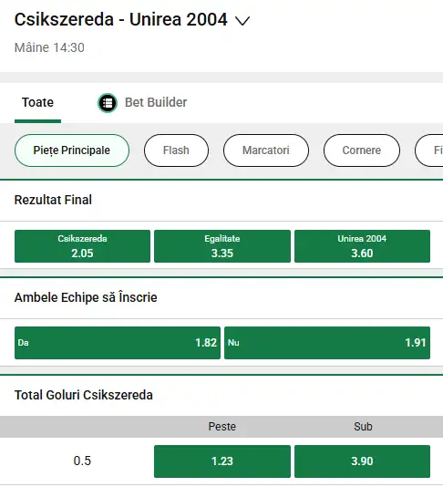Cote pariuri Csikszereda - Unirea Slobozia la Unibet