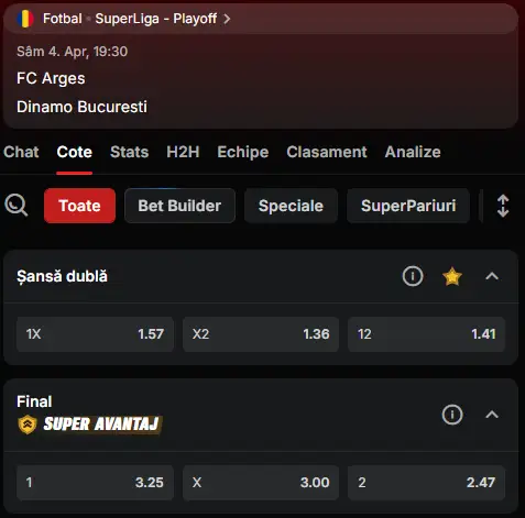 Cote pariuri FC Argeș vs Dinamo la Superbet