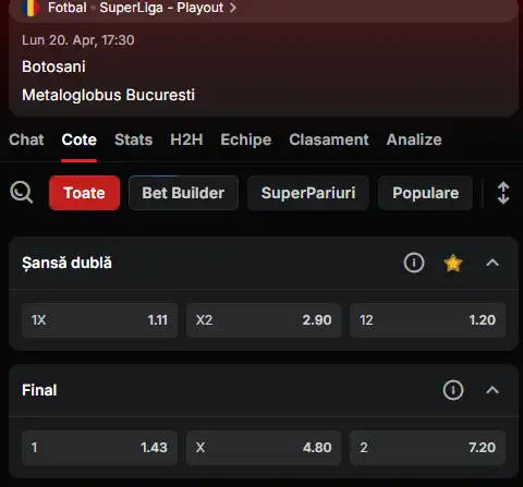 Cote pariuri FC Botoșani - Metaloglobus la Superbet