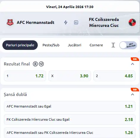 Cote pariuri Hermannstadt - Csikszereda la Betano