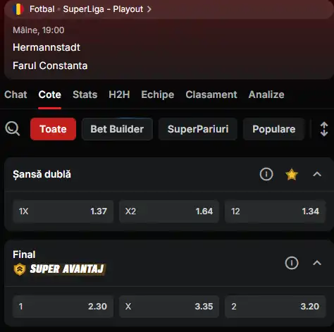 Cote pariuri Hermannstadt - Farul Constanța la Superbet